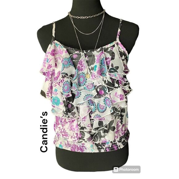 Candie’s SZ S Colorful Floral Print Spaghetti Strap Ruffled Blouse - Picture 1 of 10